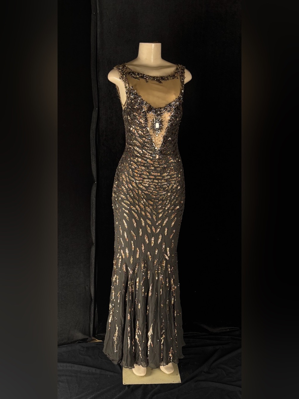 Black Evening Prom Gown with Gold Sequin Detailing